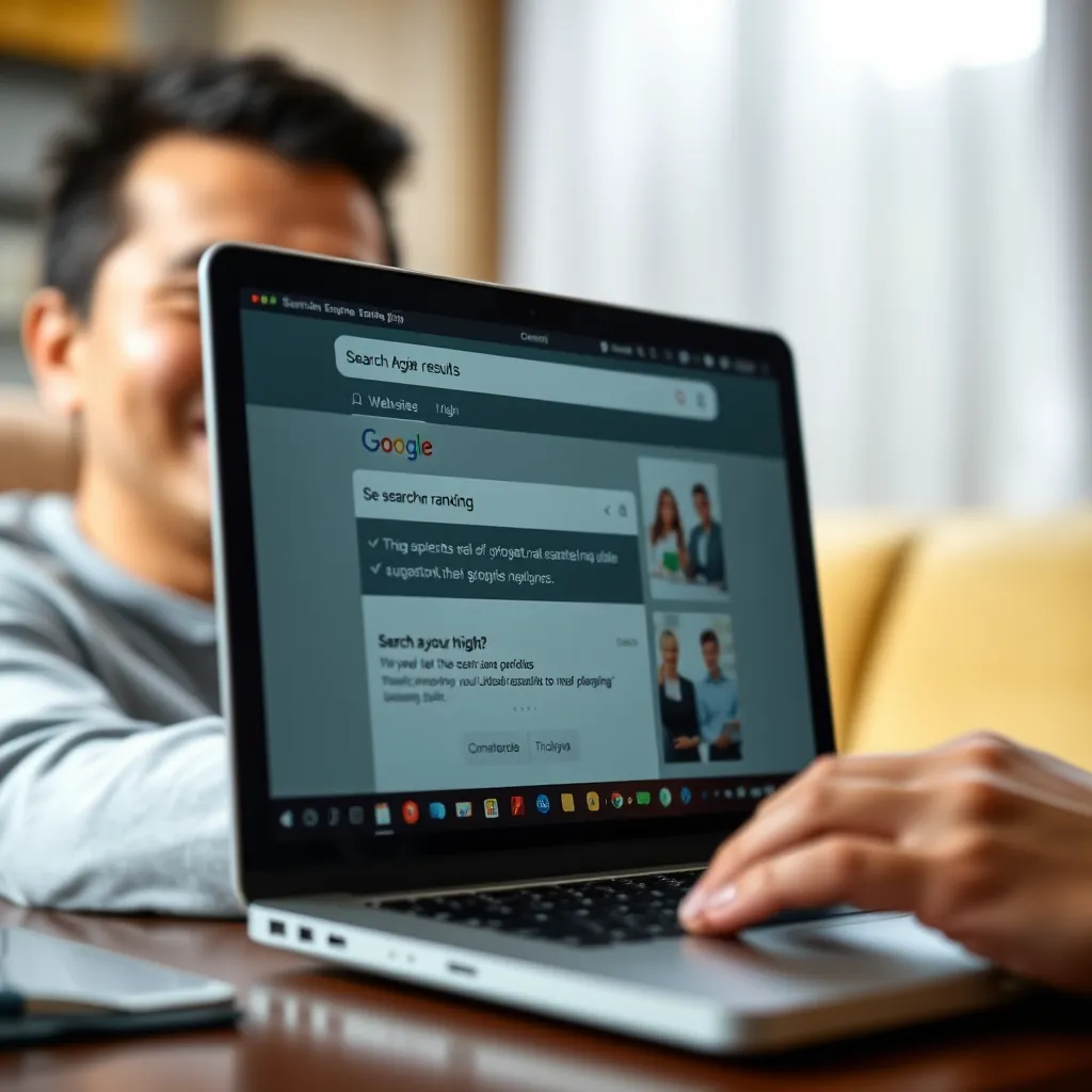 A close-up image of a laptop screen displaying a search engine results page (SERP) with a website ranking high. The website should be visually appealing and have a clear call-to-action. In the background, a person is using a laptop, smiling and looking happy.