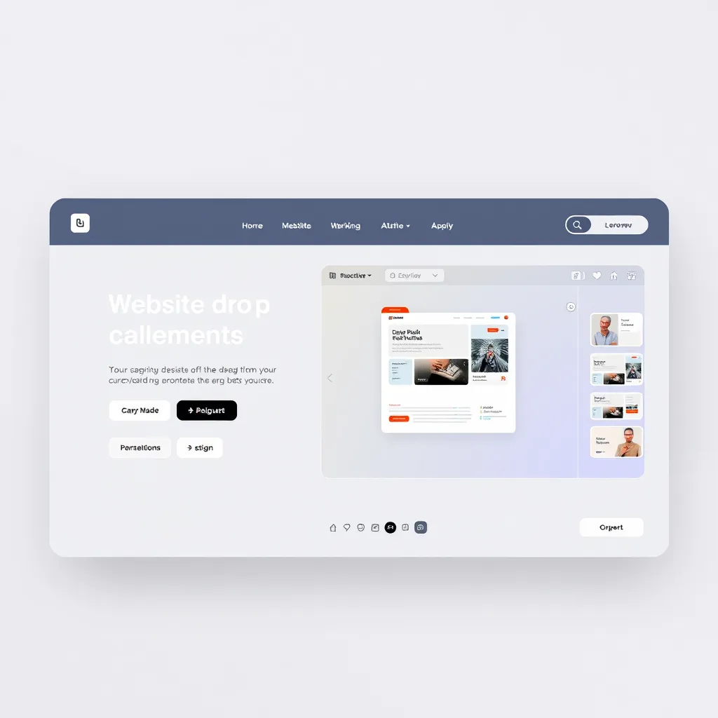 A modern, minimalist website design with a sleek interface, showcasing a drag-and-drop builder with customizable elements and a preview window displaying a website being built. The background should be a light, neutral color with a touch of soft, subtle gradient.