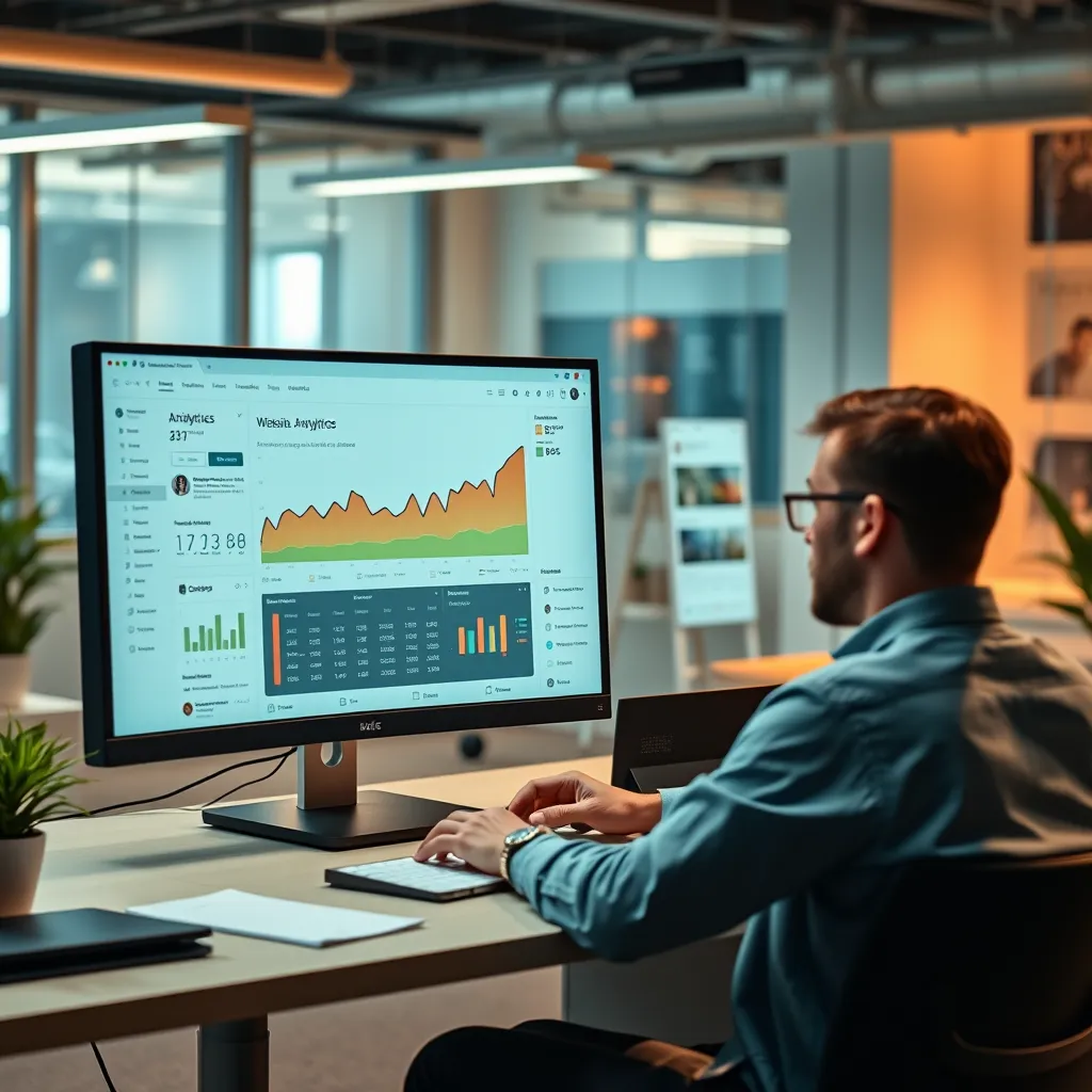 A person sitting at a desk using a computer with a website analytics dashboard open, showcasing real-time data and charts, while another window shows a social media platform with posts and engagement metrics. The background should be a vibrant office space with a professional, yet welcoming atmosphere.