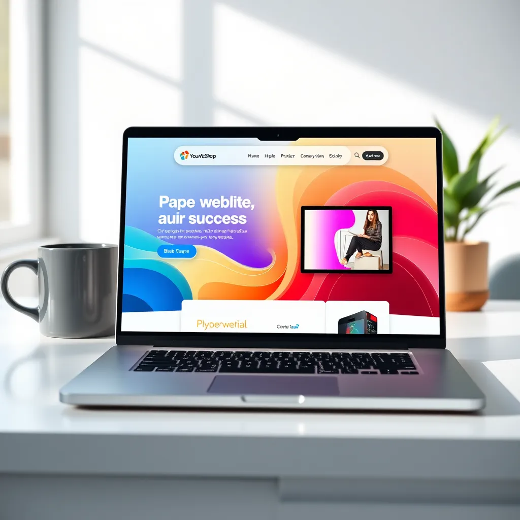 A photorealistic image of a sleek laptop with a modern website design displayed on the screen. The website showcases a vibrant color palette and features high-quality images and engaging content. The laptop is positioned on a clean white desk with a coffee mug and a plant in the background, creating a professional and modern workspace atmosphere. Soft, natural light illuminates the scene, casting subtle shadows. The image is rendered in 8K resolution, emphasizing the intricate details of the website design and the surrounding environment. The overall aesthetic is clean, sophisticated, and inviting, reflecting the quality and expertise of 'Your Website Shop'.  The image evokes a sense of professionalism, creativity, and success, reflecting the transformative power of a well-designed website for businesses.