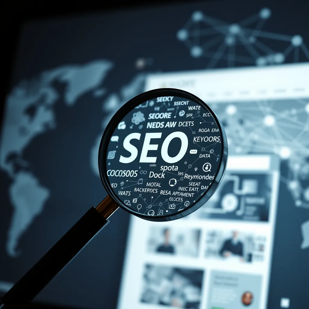 A striking image of a magnifying glass hovering above a website interface. The magnifying glass is magnified to reveal a complex network of interconnected keywords, data points, and website elements. The website interface is designed with a clean and modern layout, showcasing relevant content and search-optimized keywords. The background features a stylized representation of a global network, symbolizing the vast reach of SEO optimization. The image is rendered in a hyperrealistic style, emphasizing the intricate details of the web elements and the intricate network of keywords. The lighting is dramatic and focused, highlighting the importance of targeted SEO strategies. The overall image evokes a sense of power, precision, and strategic optimization, reflecting the impact of effective SEO on website visibility and organic traffic.